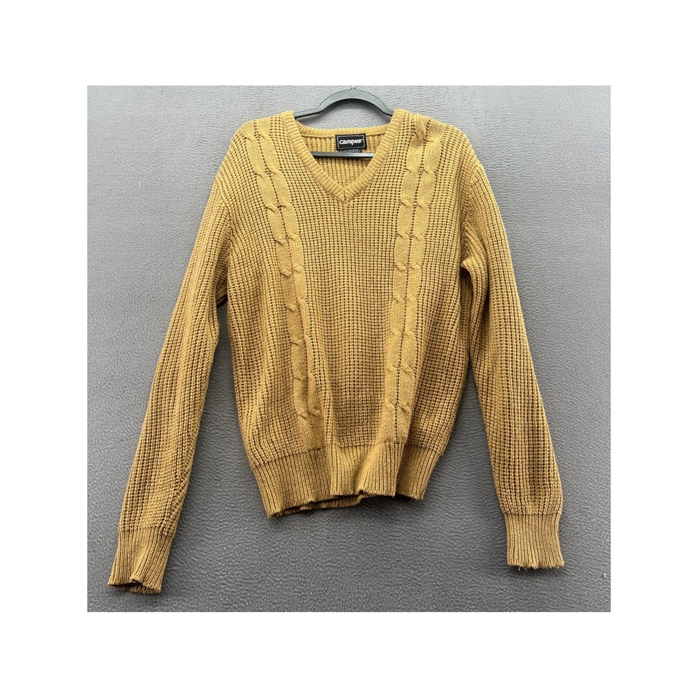 VTG Campus Sweater Mens Sz L V-Neck Cable Knit Tan Mustard Yellow